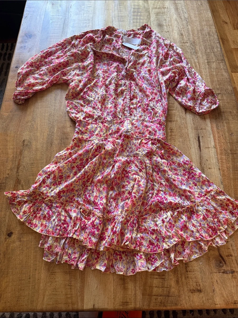 Poupette St Barth Caline Purple Daffodil Floral Tiered Ruffle Mini Dress NWT Lg